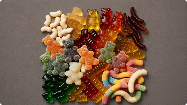 Gummy bears and sour worms in every colour